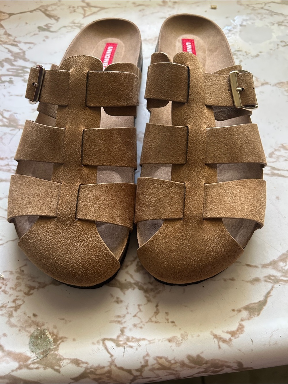 UNIONBAY Tan Suede Strappy Slide Sandals with Buckle